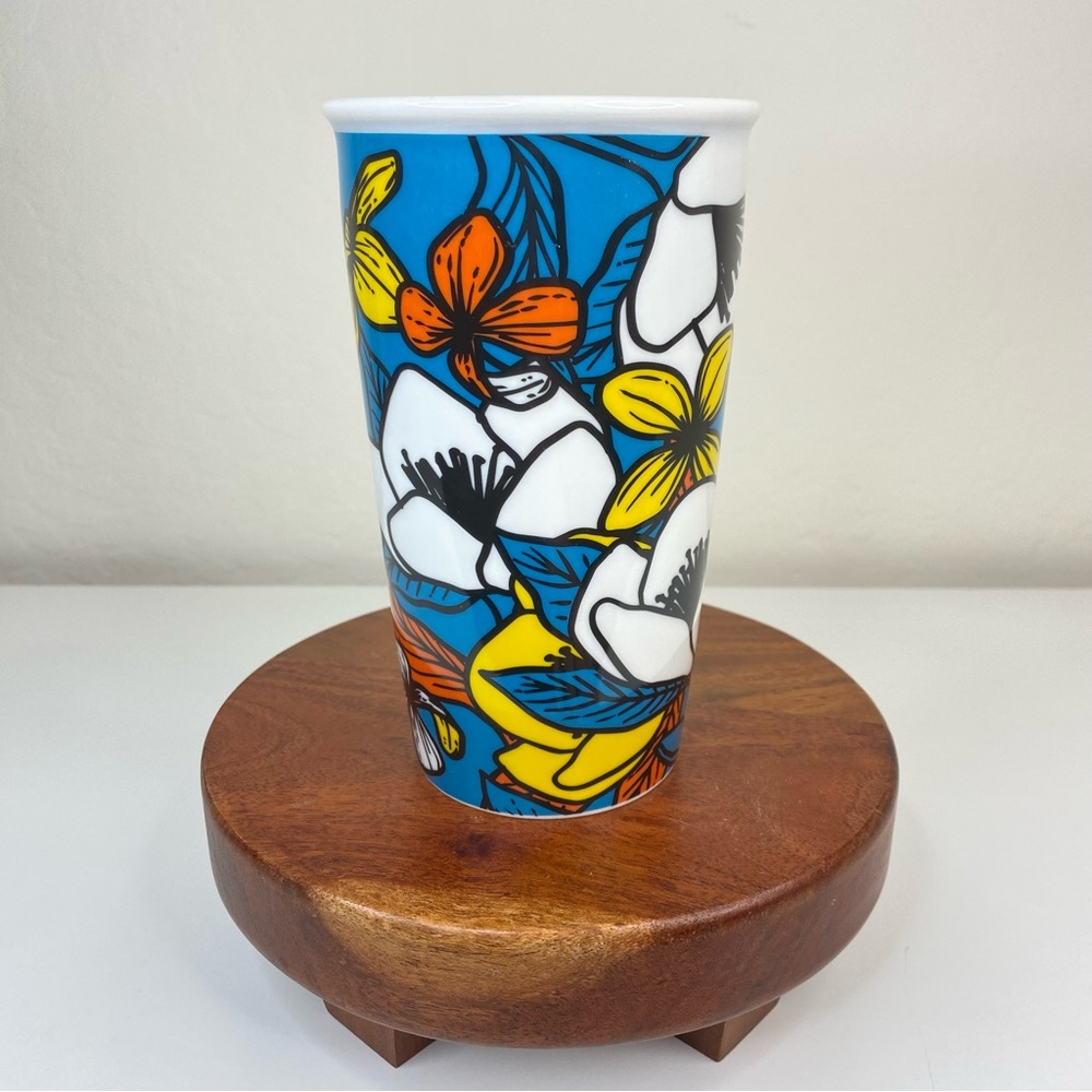 Starbucks 12 oz Teal Poppy Flowers Ceramic Travel Tumbler No Lid